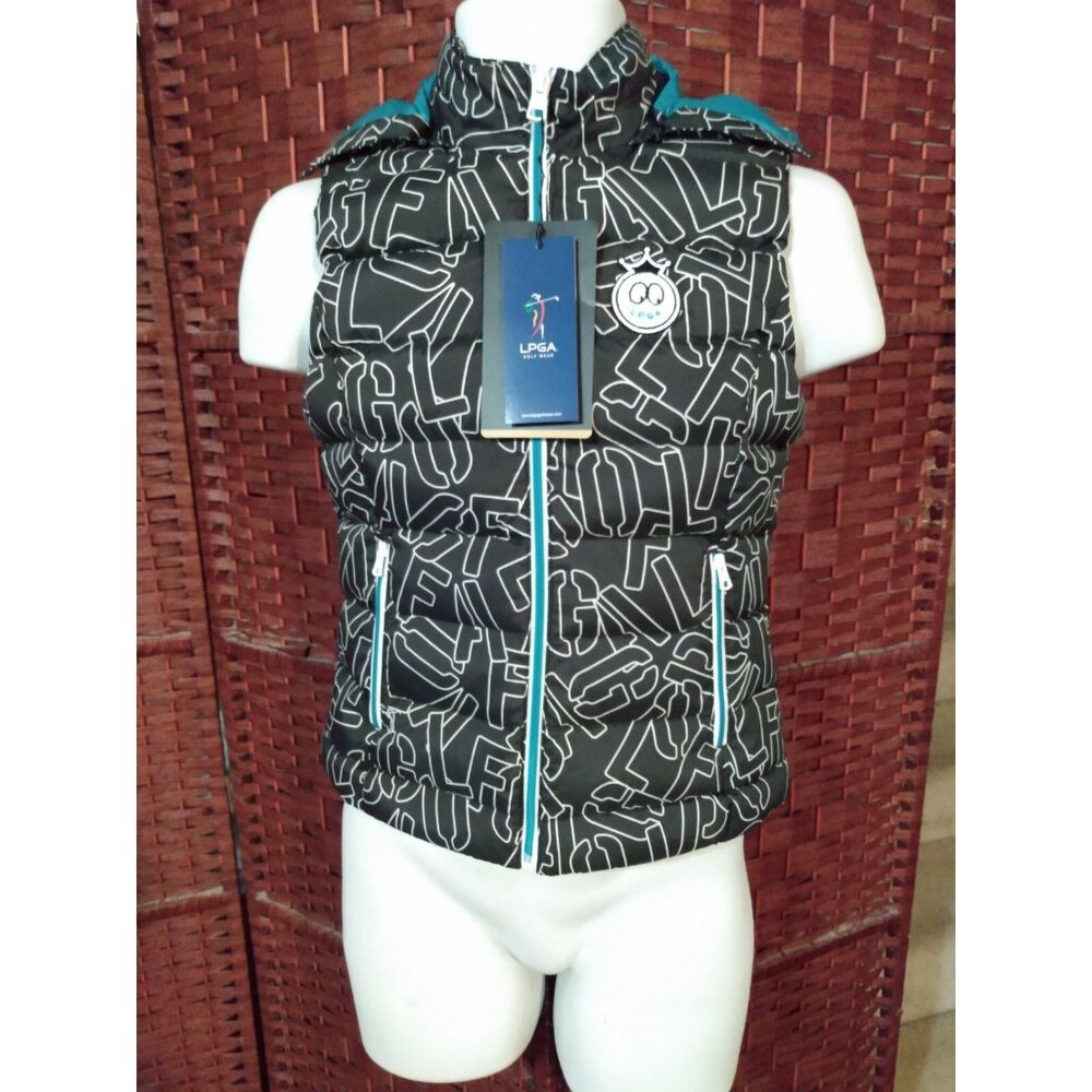 NWT Women's Down Puffer Vest Size XS 85 Hood All Over Print Letters